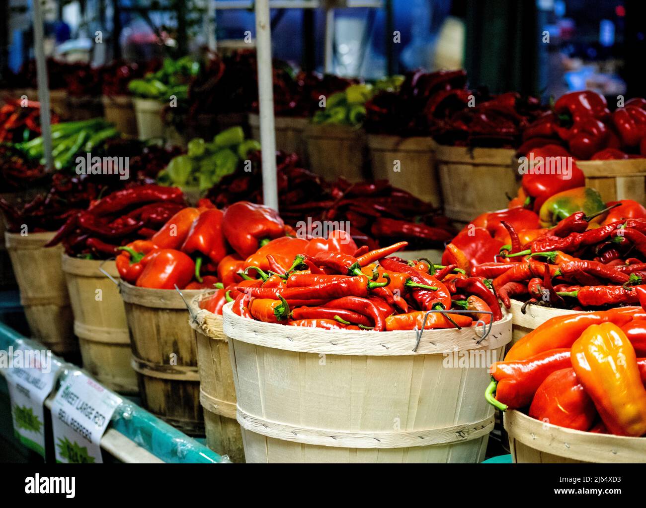 Baskets of assorted bell peppers in farmers market - stock photography ...