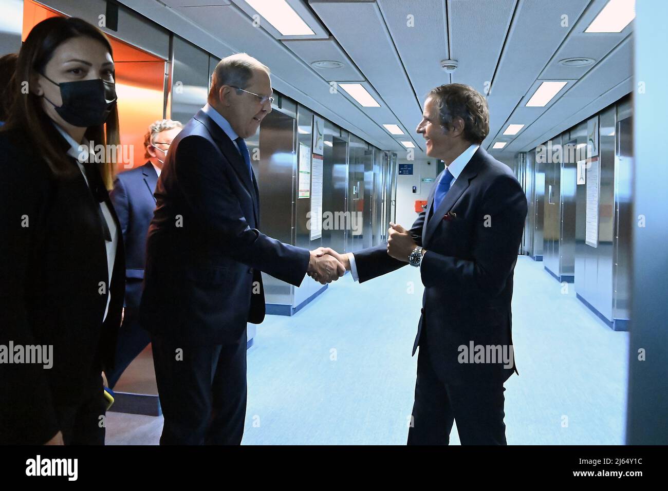 Rafael Mariano Grossi, IAEA Director General, welcomes HE Mr. Sergey V. Lavrov, Minister of Foreign Affairs of the Russian Federation and his delegation upon their arrival at the Agency headquarters in Vienna, Austria. 26 August 2021. Stock Photo