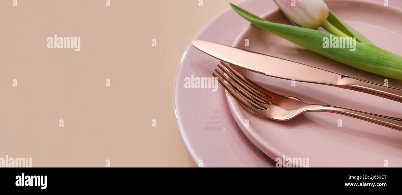 Simple spring table setting on beige background with space for text ...