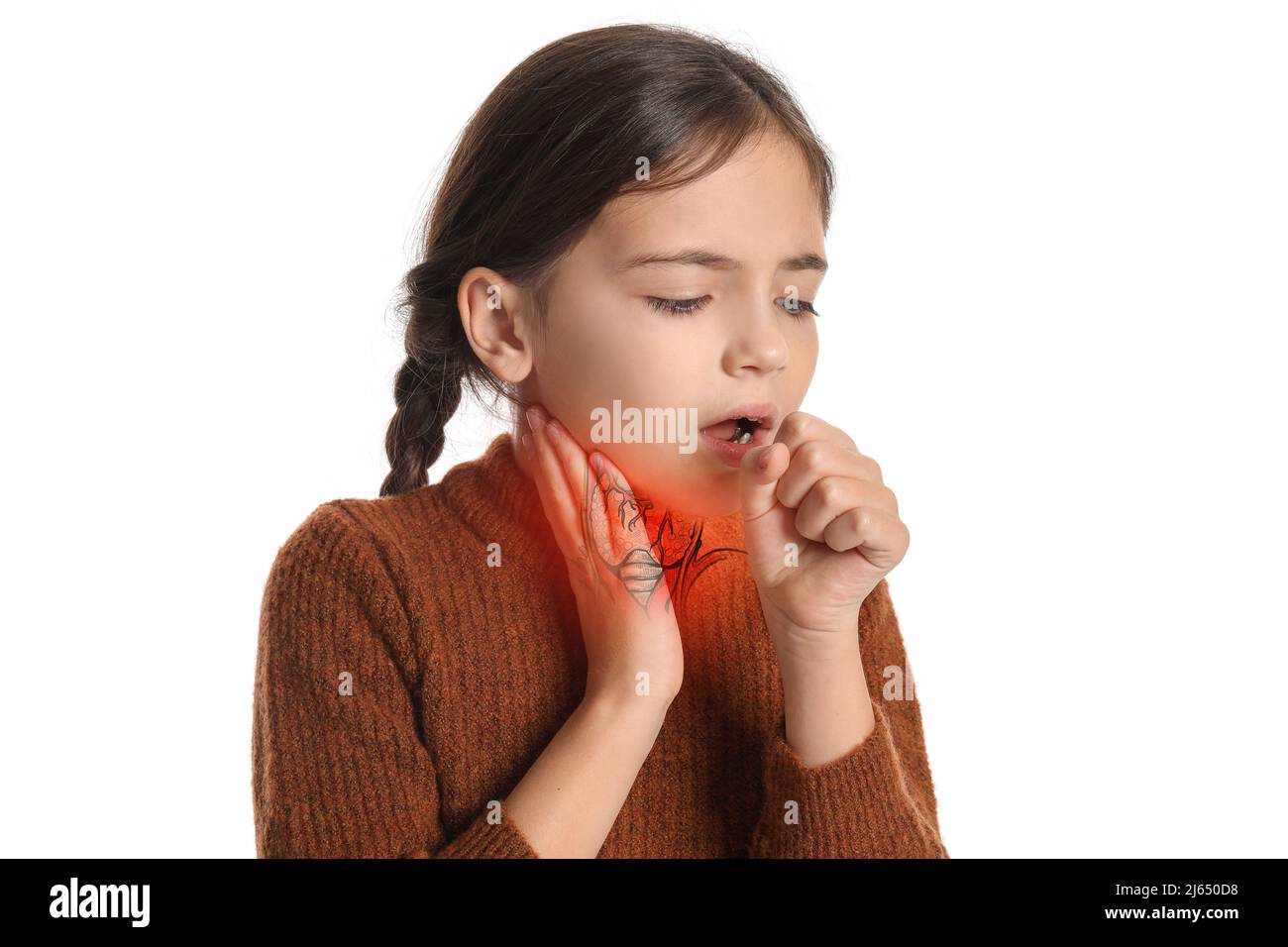 Coughing little girl with pain in throat on white background Stock
