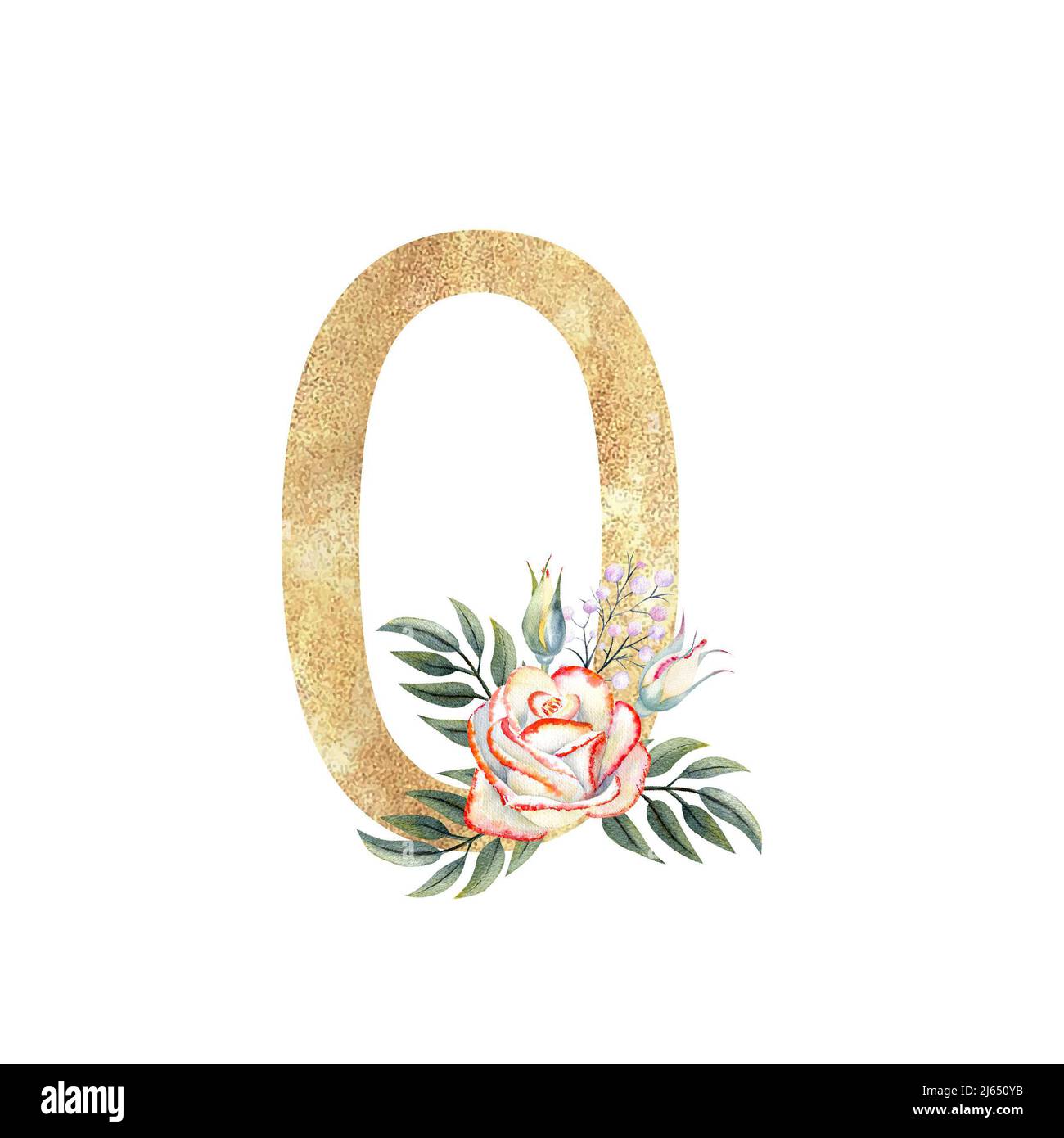 Golden number 0 with a bouquet of pink roses on a white isolated background. Hand-drawn watercolor illustration Stock Photo