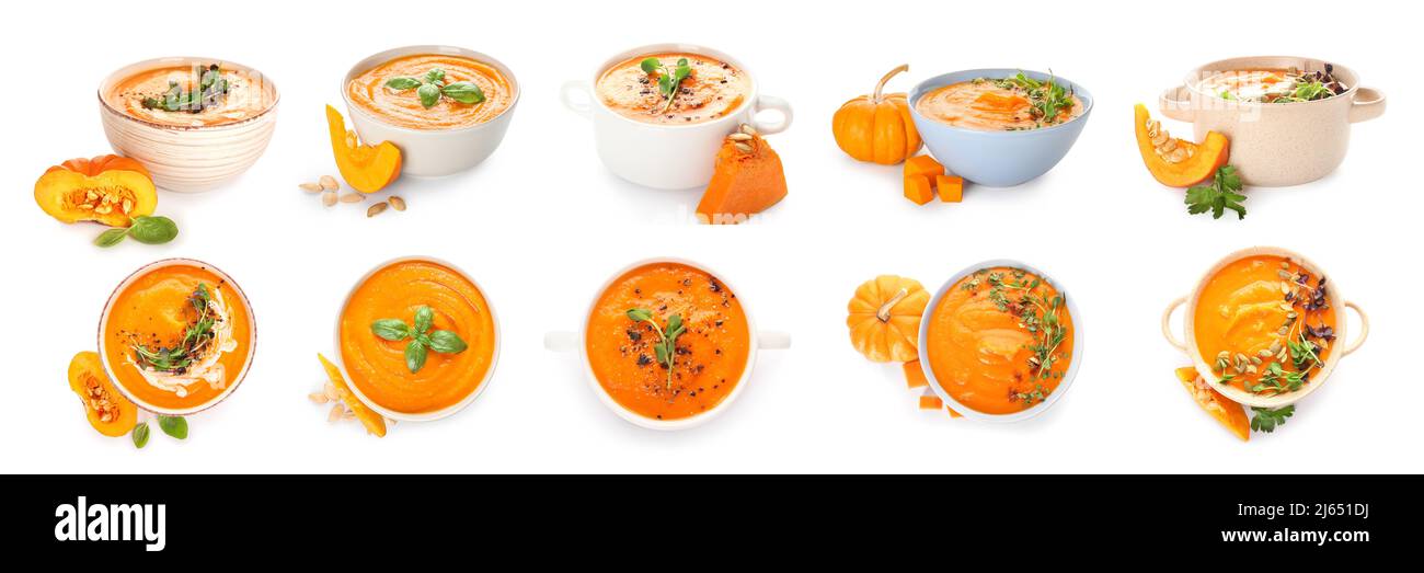 Set of tasty pumpkin cream soup on white background Stock Photo - Alamy