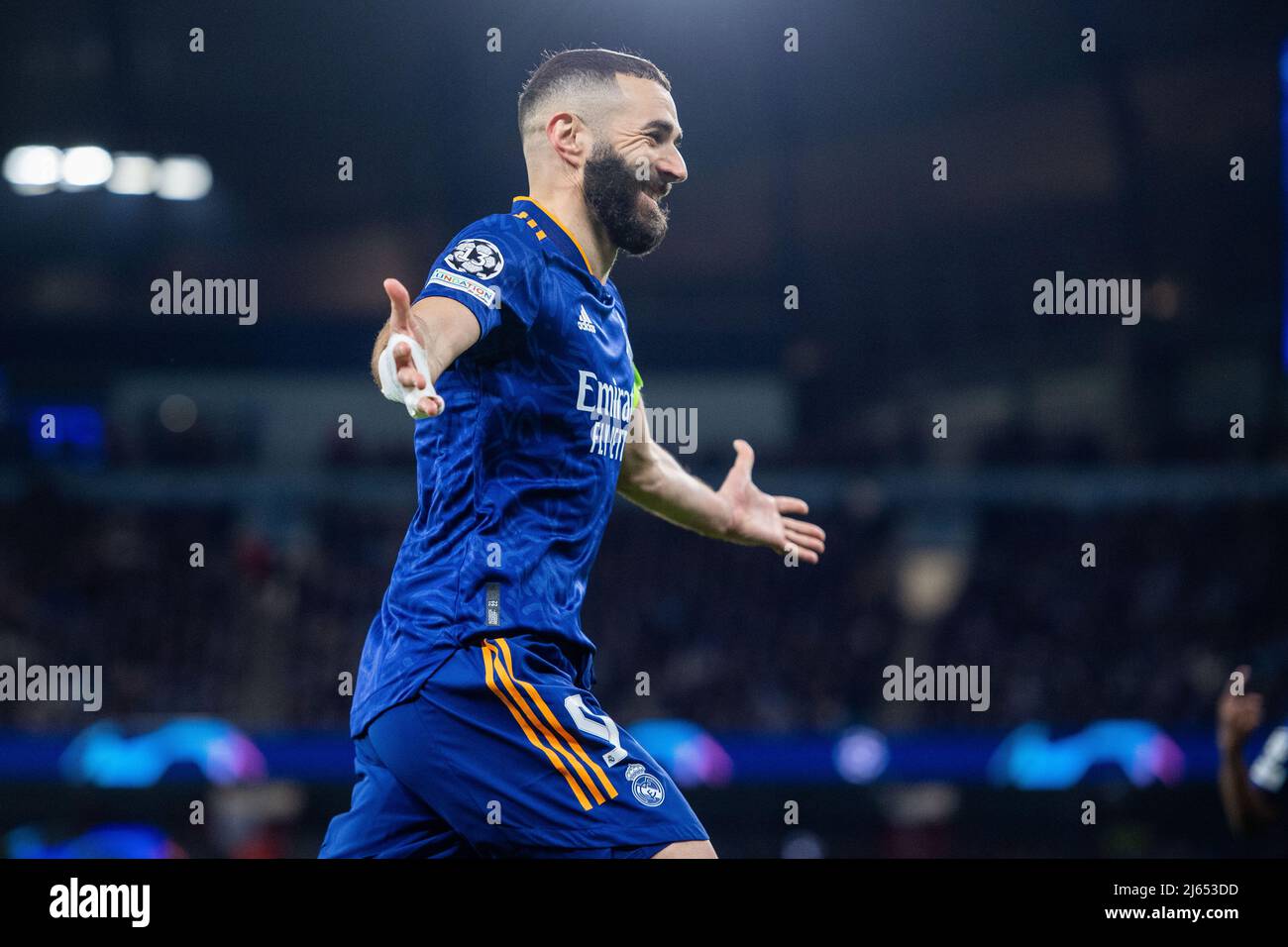 MANCHESTER, ENGLAND - APRIL 26: Karim Benzema of Real Madrid celebrates after scoring he’s 2nd and he’s team 3rd goal during the UEFA Champions League Semi Final Leg One match between Manchester City and Real Madrid at City of Manchester Stadium on April 26, 2022 in Manchester, United Kingdom. (Photo by SF) Credit: Sebo47/Alamy Live News Stock Photo
