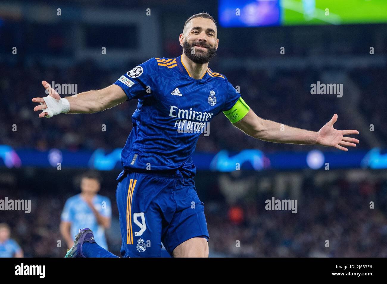 MANCHESTER, ENGLAND - APRIL 26: Karim Benzema of Real Madrid celebrates after scoring he’s 2nd and he’s team 3rd goal during the UEFA Champions League Semi Final Leg One match between Manchester City and Real Madrid at City of Manchester Stadium on April 26, 2022 in Manchester, United Kingdom. (Photo by SF) Credit: Sebo47/Alamy Live News Stock Photo