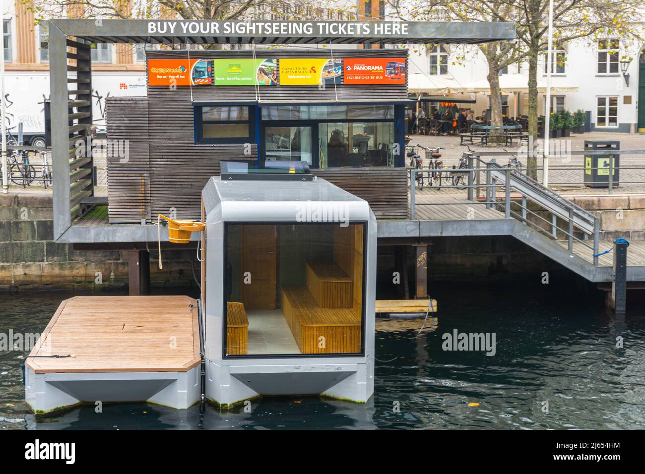 Copenhagen, Denmark - November 14, 2021: Selling point for tourist sightseeing boat tours in the middle of tourist district in Copenhagen Stock Photo