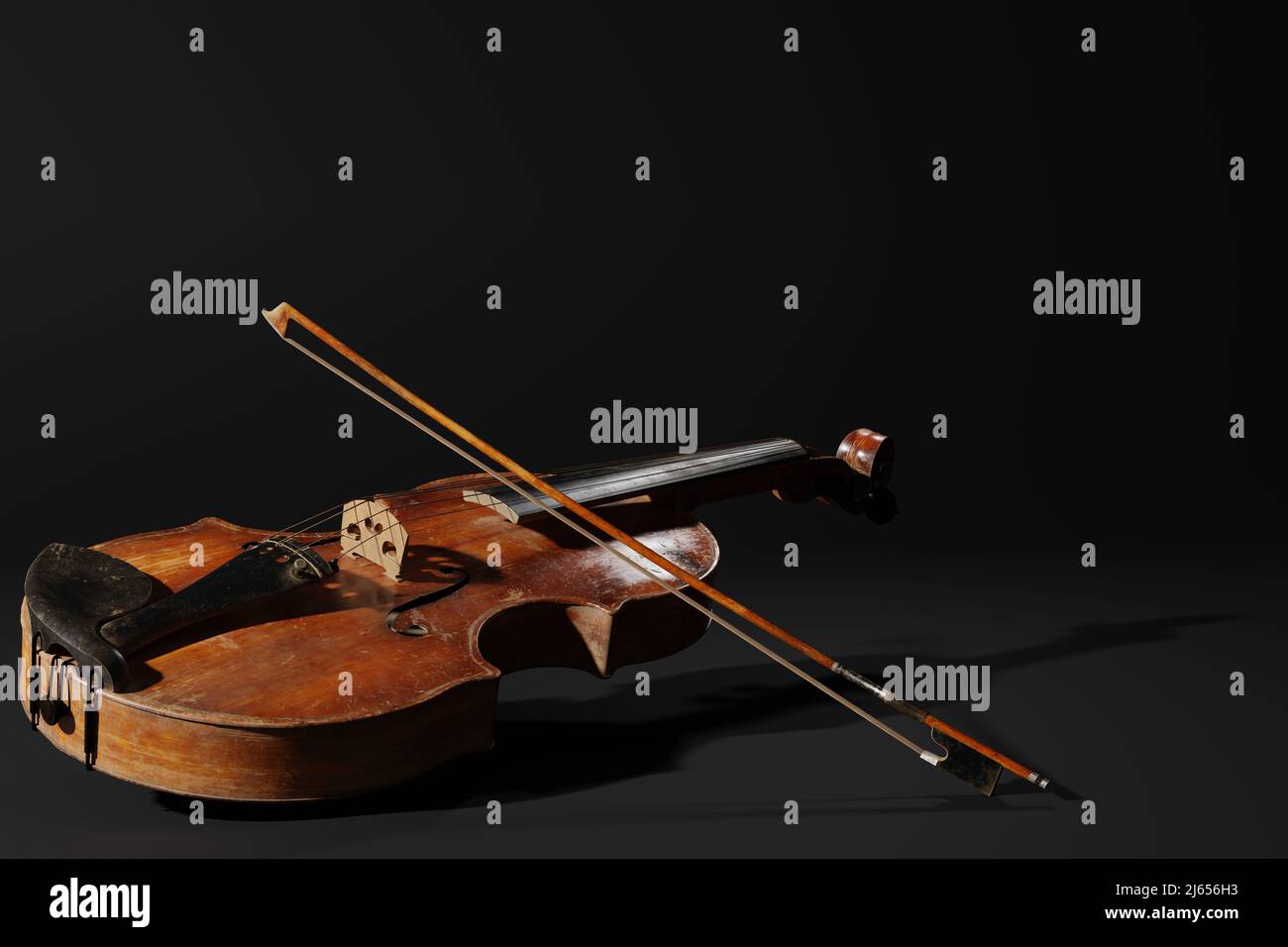 Rustic violin on black background. Musical instrument template. Vintage