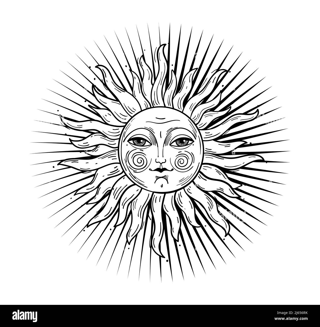 Heaven illustration, stylized vintage design, sun with face, stylized drawing, engraving. Mystical design element in boho style, logo, tattoo. Vector Stock Vector