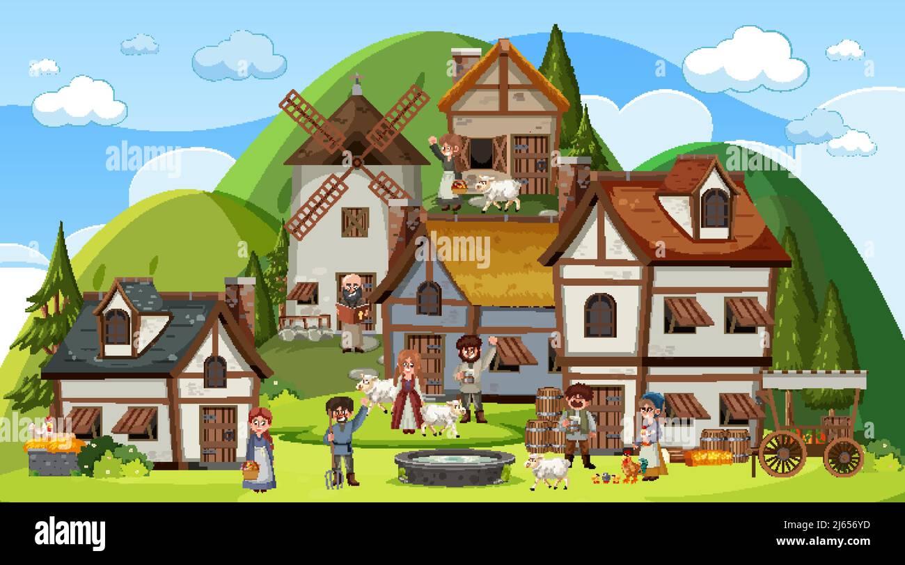 Medieval town scene with villagers illustration Stock Vector Image ...