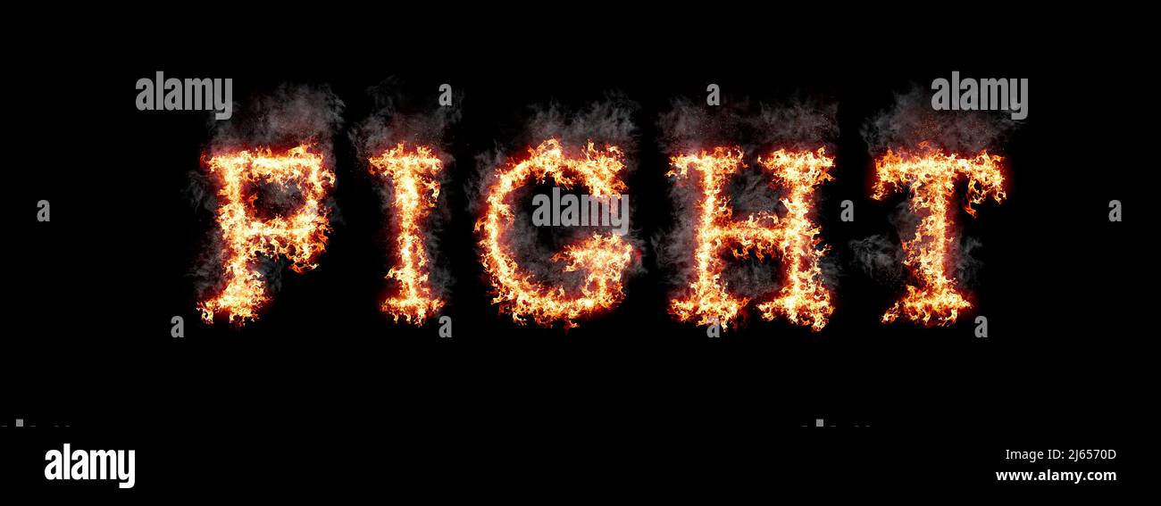 Word fight burning with fire and smoke, digital art isolated on black