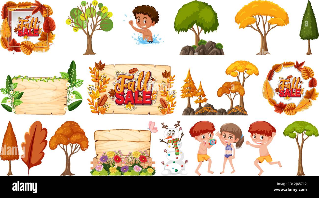 Set of four seasons trees and nature objects illustration Stock Vector ...