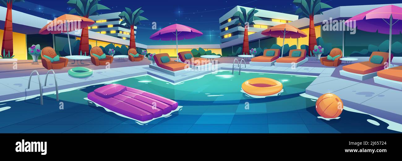 Luxury spa hotel with swim pool at night. Vector cartoon illustration of resort building exterior, palm trees, swimming pool with inflatable ring and raft in water, stars in dark sky Stock Vector