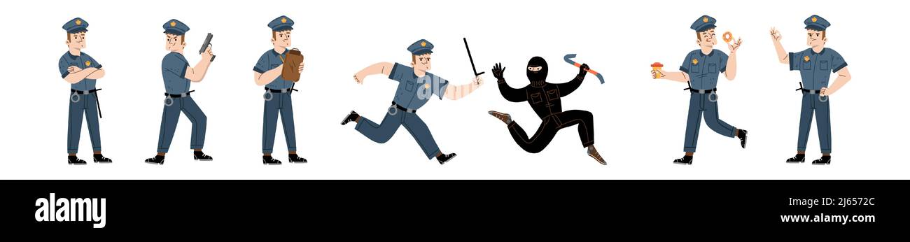Set of police officer lifestyle, cop at work. Policeman in uniform issue a fine, chase bandit, use gun and eat donut on duty. City patrol constable fight with criminal Linear flat vector illustration Stock Vector