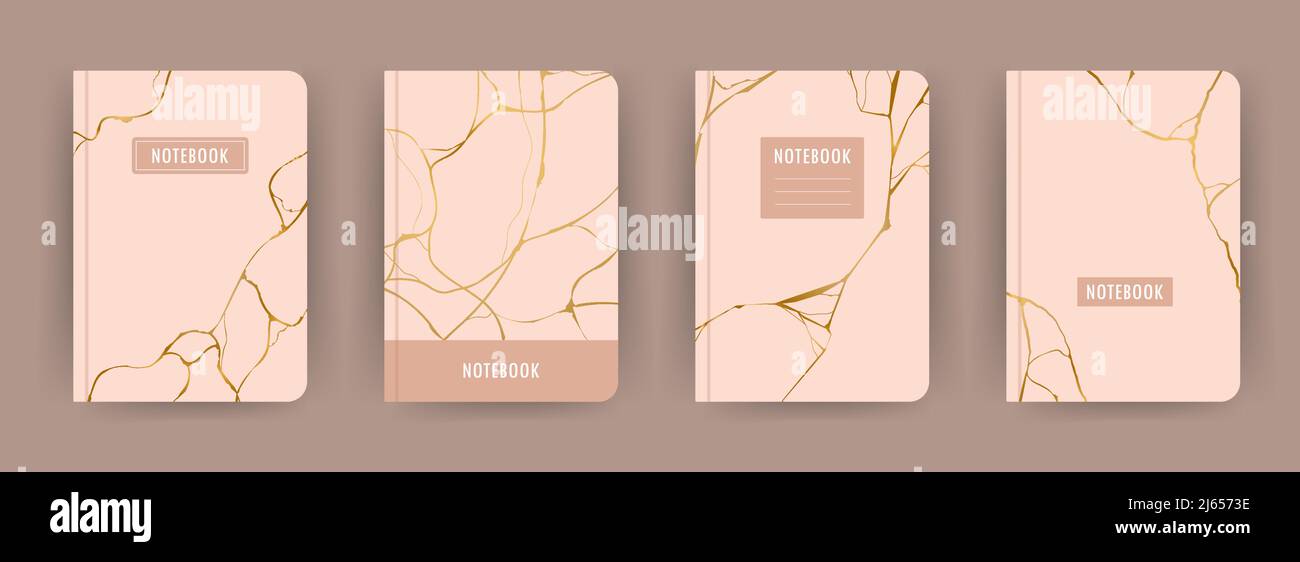 Cover page notebook collection. Templates with kintsugi effect on pink background. Perfect for diary, books, magazines, journals, catalogs, planners Stock Vector