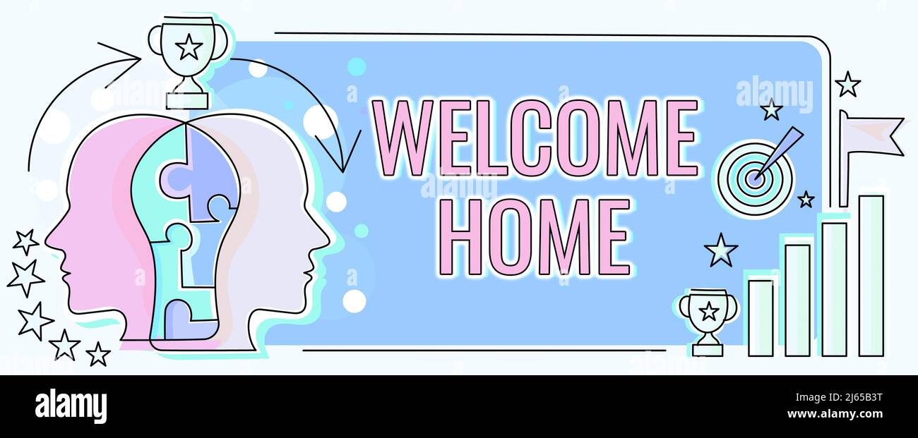 Writing displaying text Welcome Home. Concept meaning Expression Greetings New Owners Domicile Doormat Entry Two Heads Connected Puzzle Showing Stock Photo