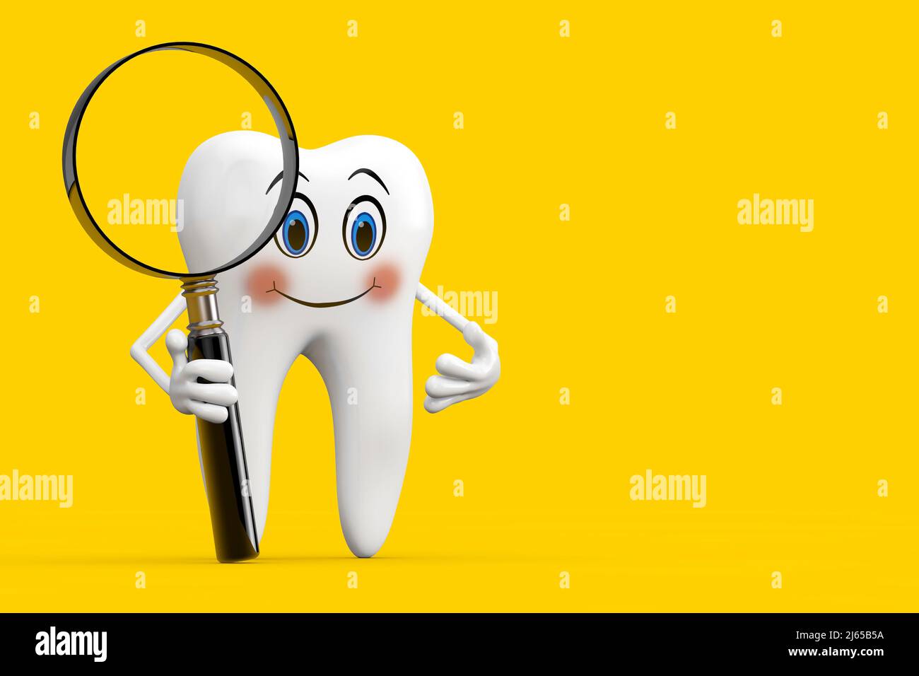 White Tooth Person Character Mascot with Magnifying Glass on a yellow ...