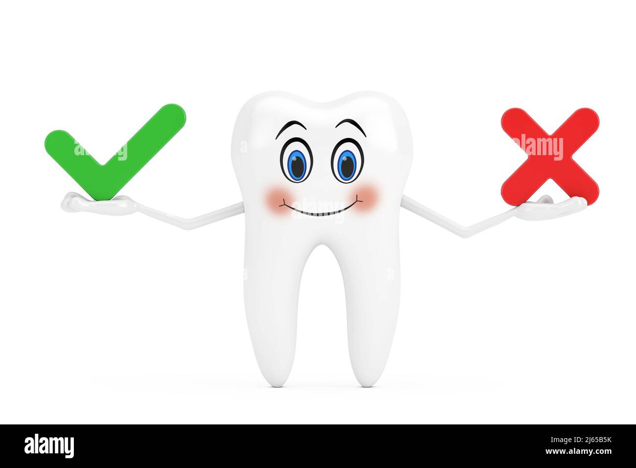 White Tooth Person Character Mascot with Red Cross and Green Check Mark ...