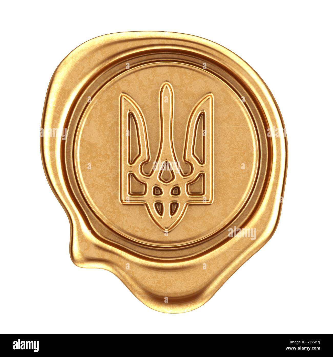 Golden Wax Seal with Ukraine Coat of Arms on a white background. 3d