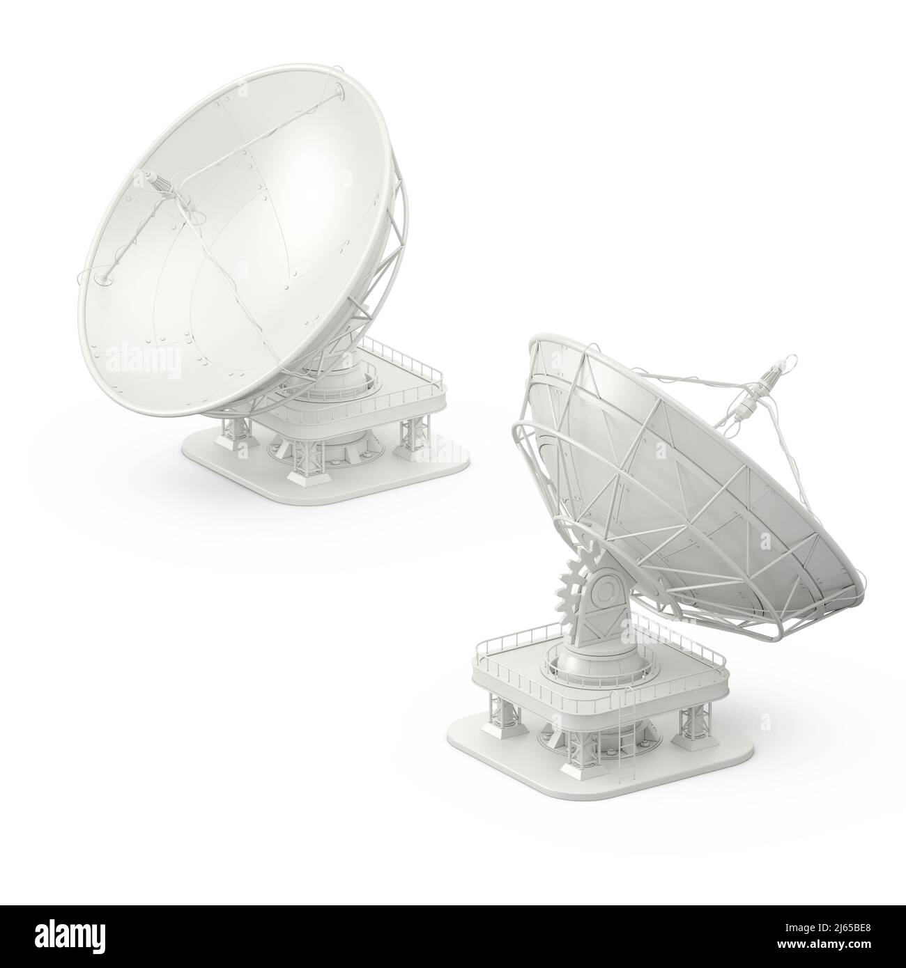 Row Of Big Satellite Dish Antenna Radars on a white background. 3d Rendering Stock Photo