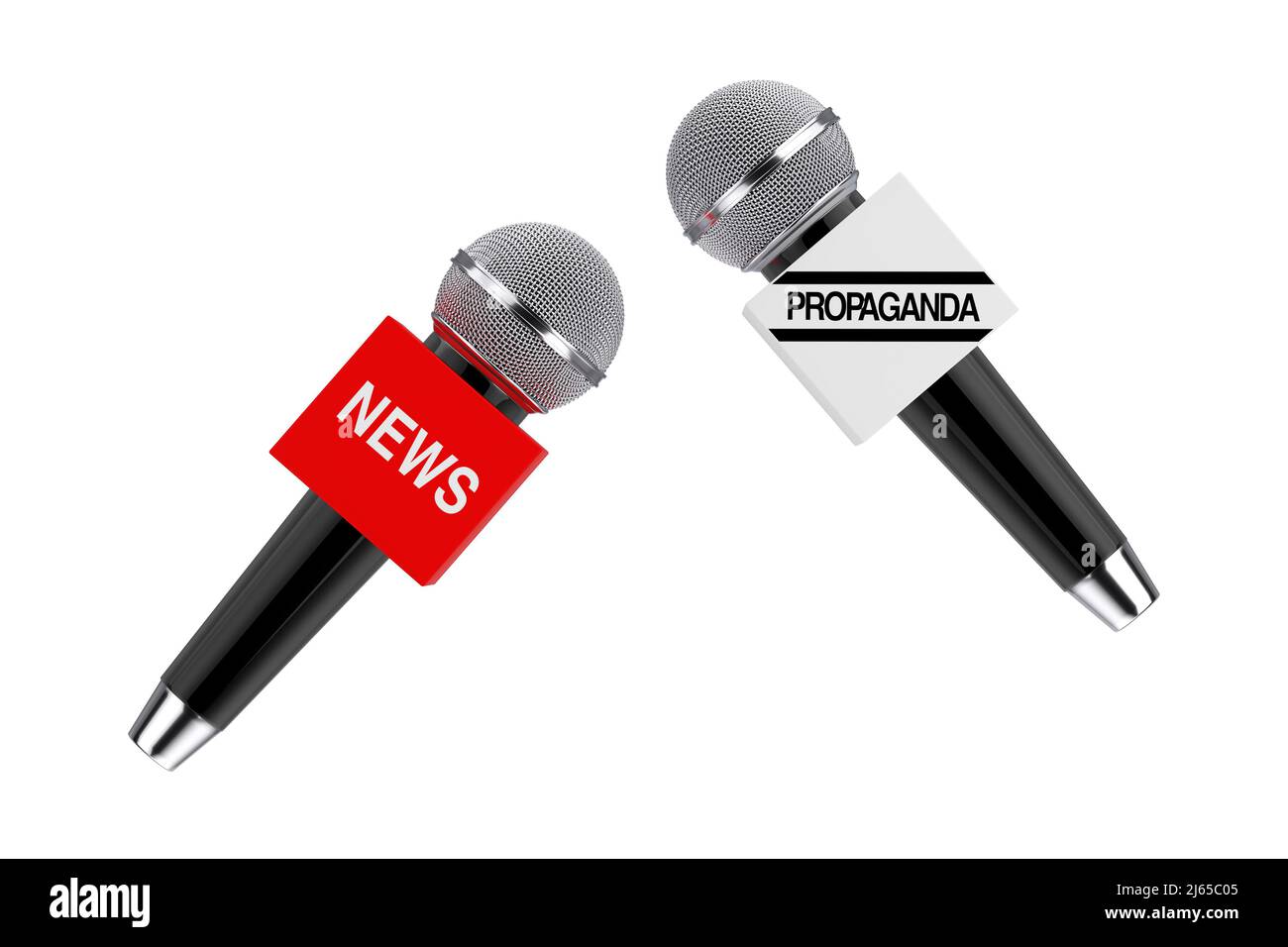 Free Media Against Disinformation and Propaganda Concept.  Microphone with News Sign Against Microphone with Propaganda Sign on a white background. 3d Stock Photo