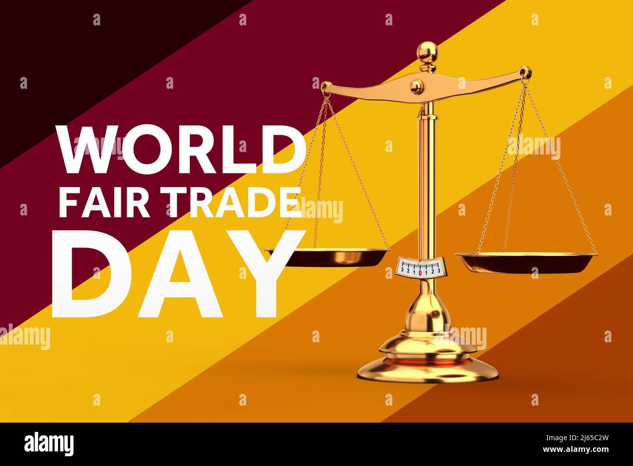 World Fair Trade Day Concept. Classical Justice Golden Balanced Scales