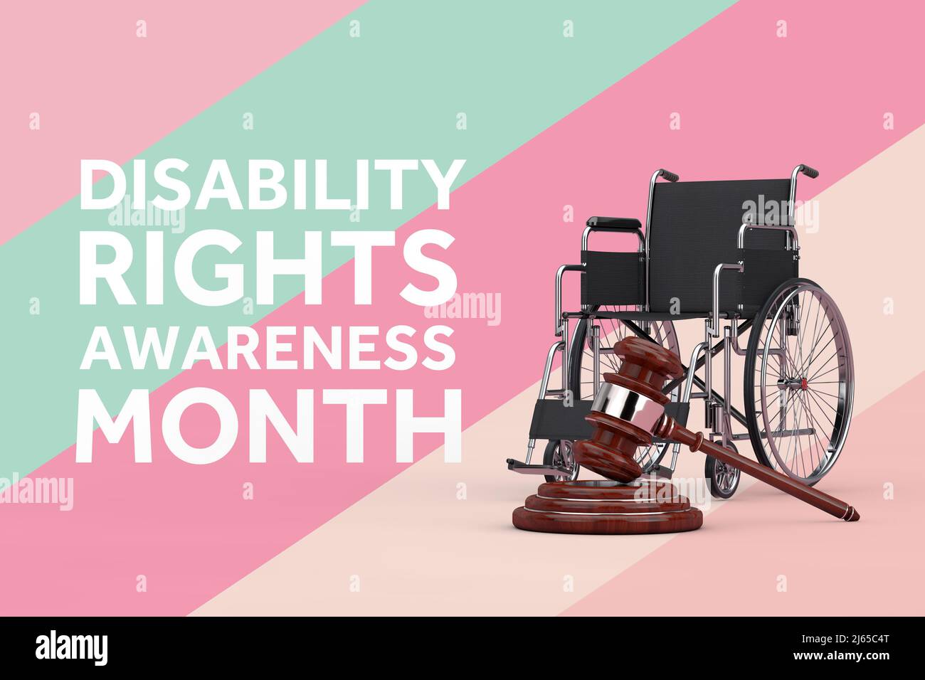 Disability Rights Awareness Month Concept. Wooden Justice Gavel, Wheelchair and Disability Rights Awareness Month Sign on a multicolored background. 3 Stock Photo