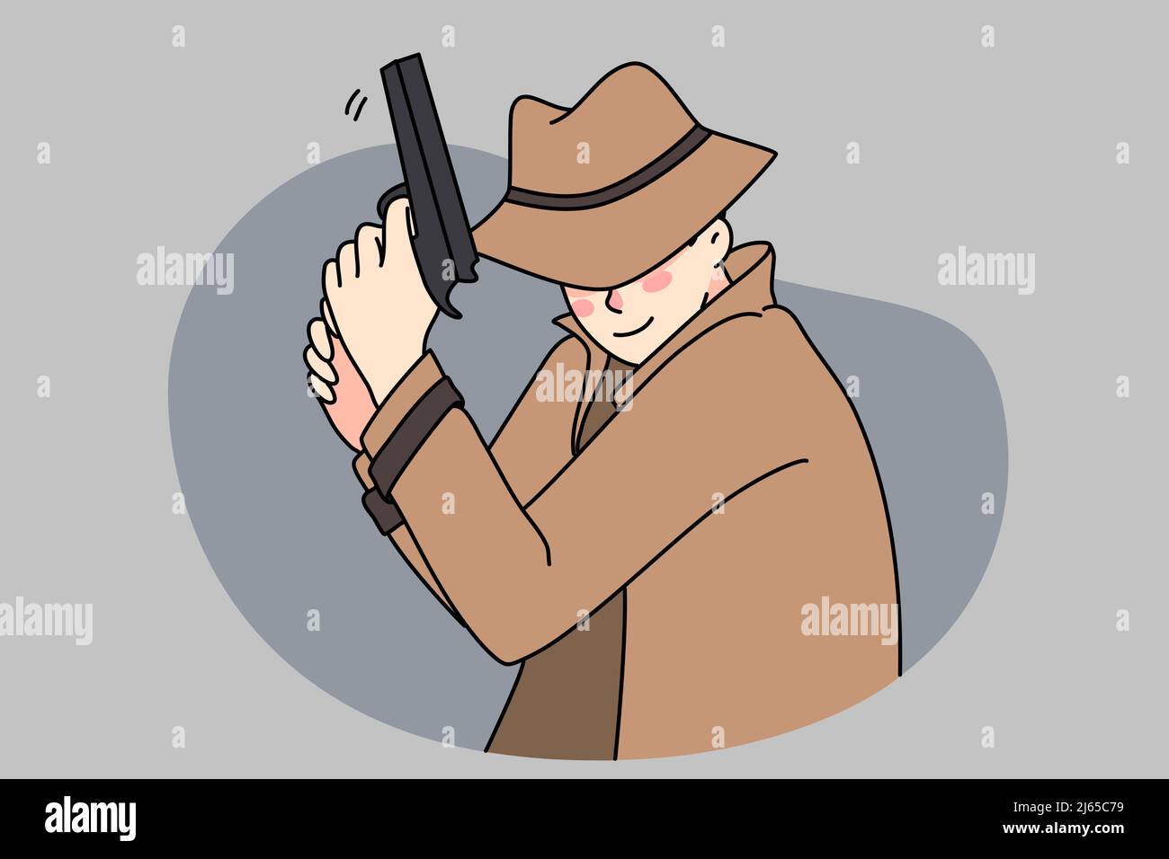 Male detective in coat and hat holding gun spying for criminal or suspect. Man spy or police officer undercover pursue offender with firearm. Private agent work. Vector illustration.  Stock Vector