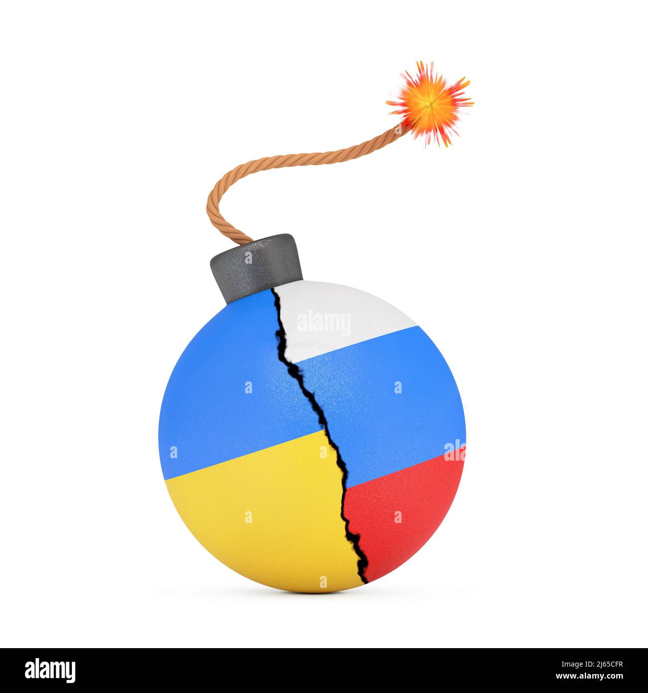 Russan and Ukraine Conflict oncept. Russia and Ukraine Flag on Bomb with Wick on a white background. 3d Rendering Stock Photo