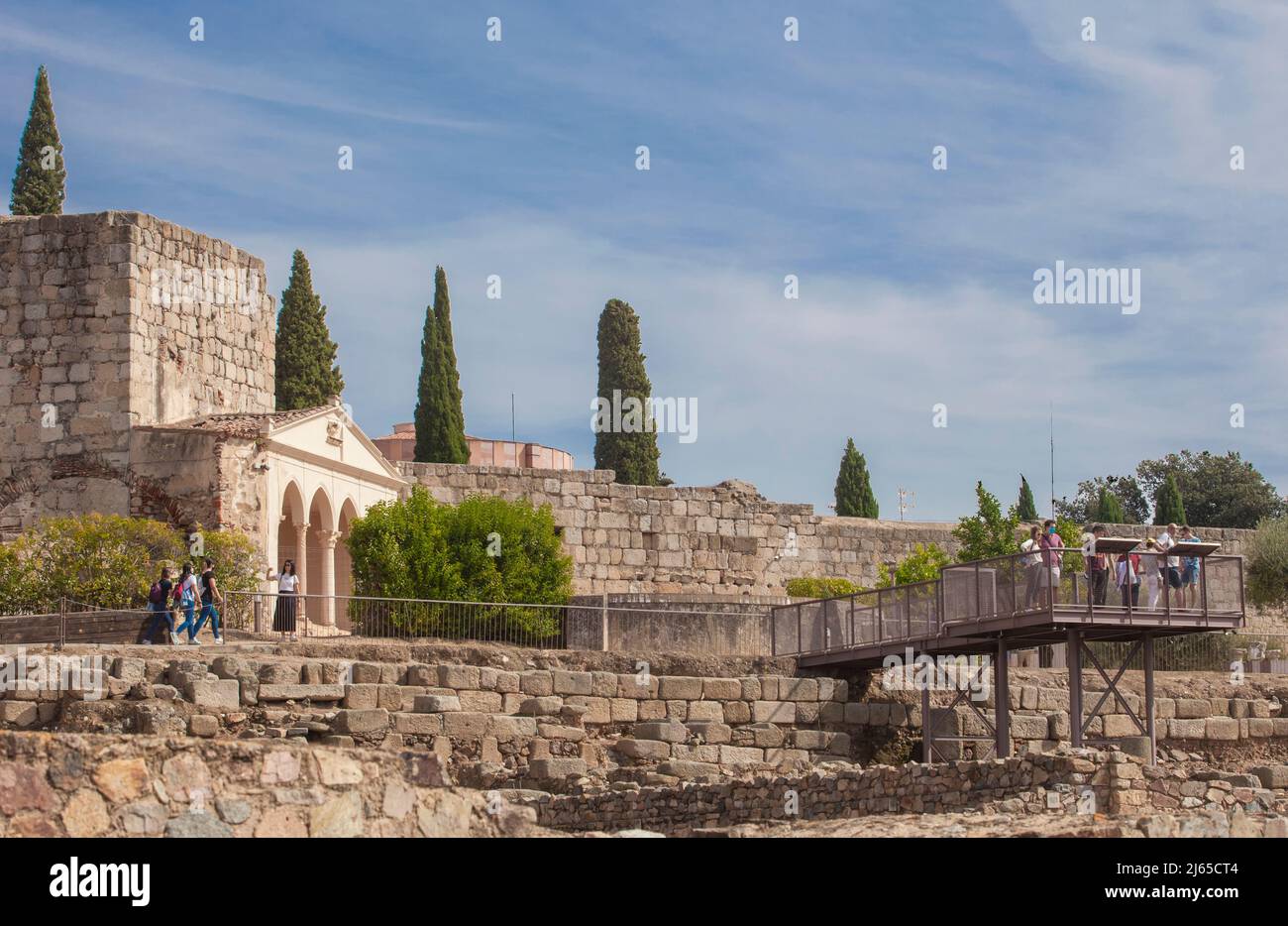 Merida, Spain - Oct 9th, 2021: Alcazaba of Merida viewpoint platform full of visitors. Extremadura, Spain Stock Photo