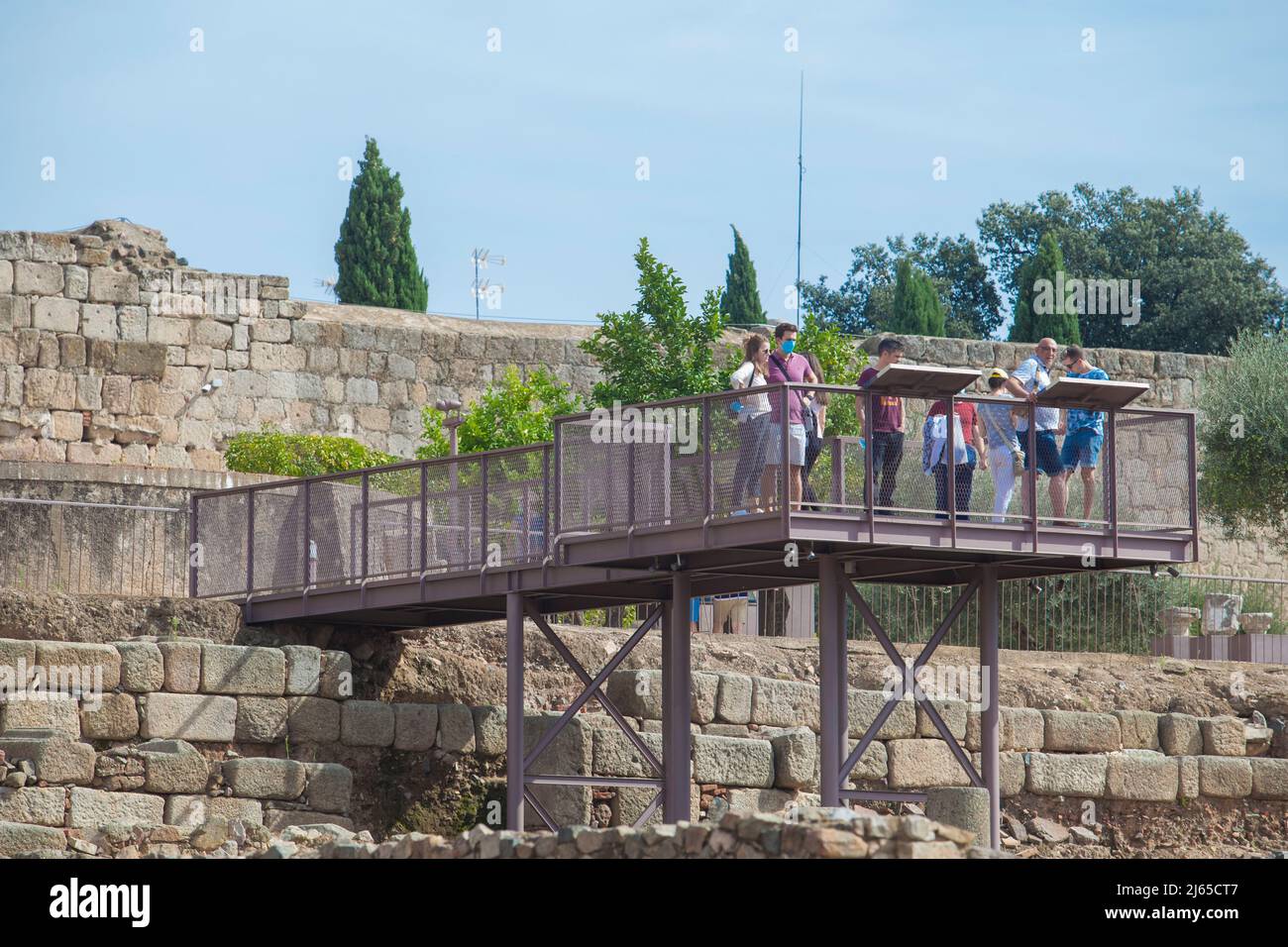 Merida, Spain - Oct 9th, 2021: Alcazaba of Merida viewpoint platform full of visitors. Extremadura, Spain Stock Photo