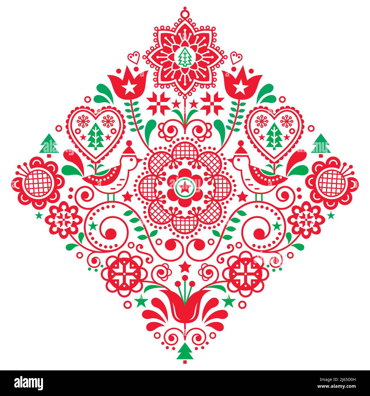 Scandinavian Christmas folk art retro square vector pattern with birds in hats, snowflakes and Xmas tree in red and green on white background Stock Vector