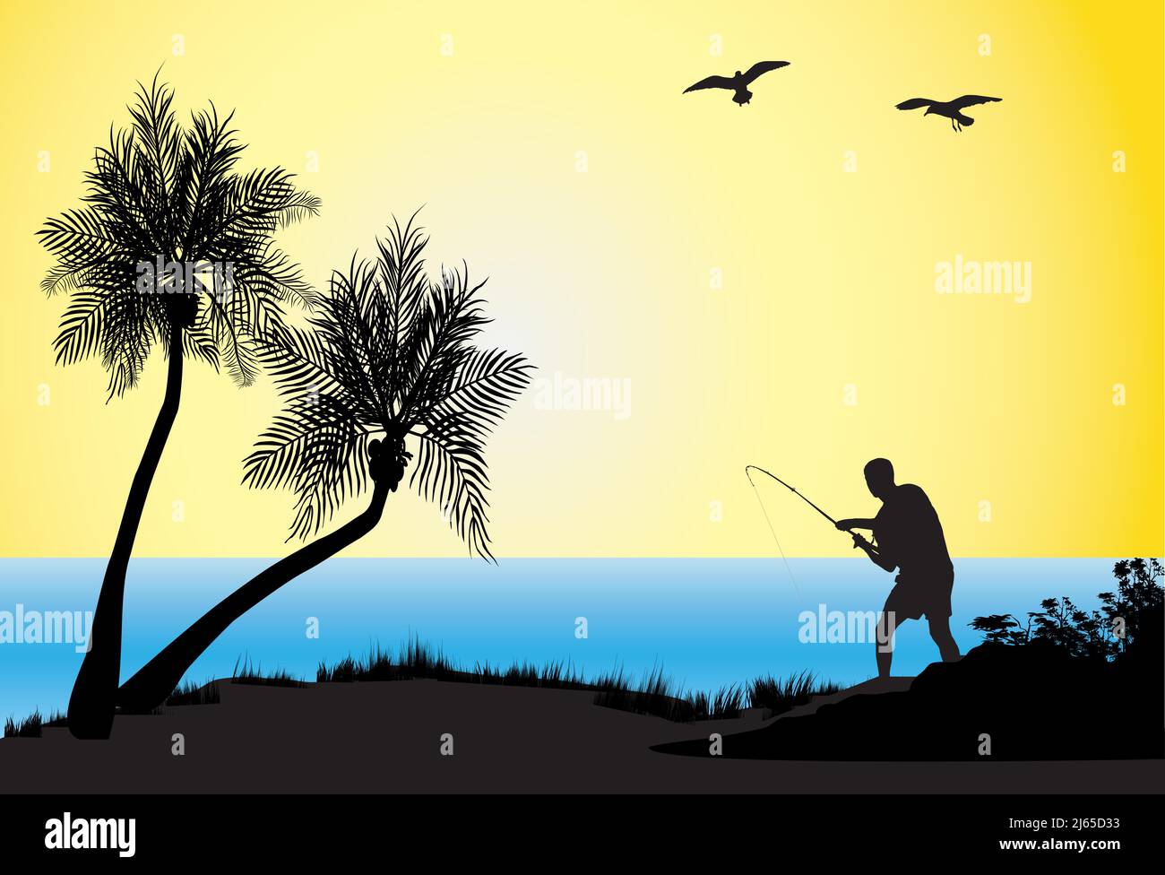 tropical scene of coconuts and man fishing as a silhouette Stock Vector