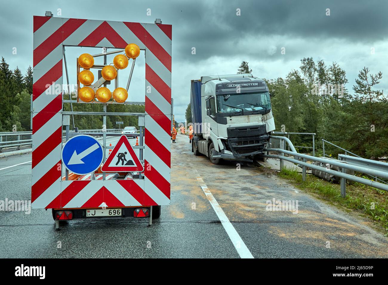 August 19, 2022,Tinuzi, Latvia: car accident on a road, truck after a