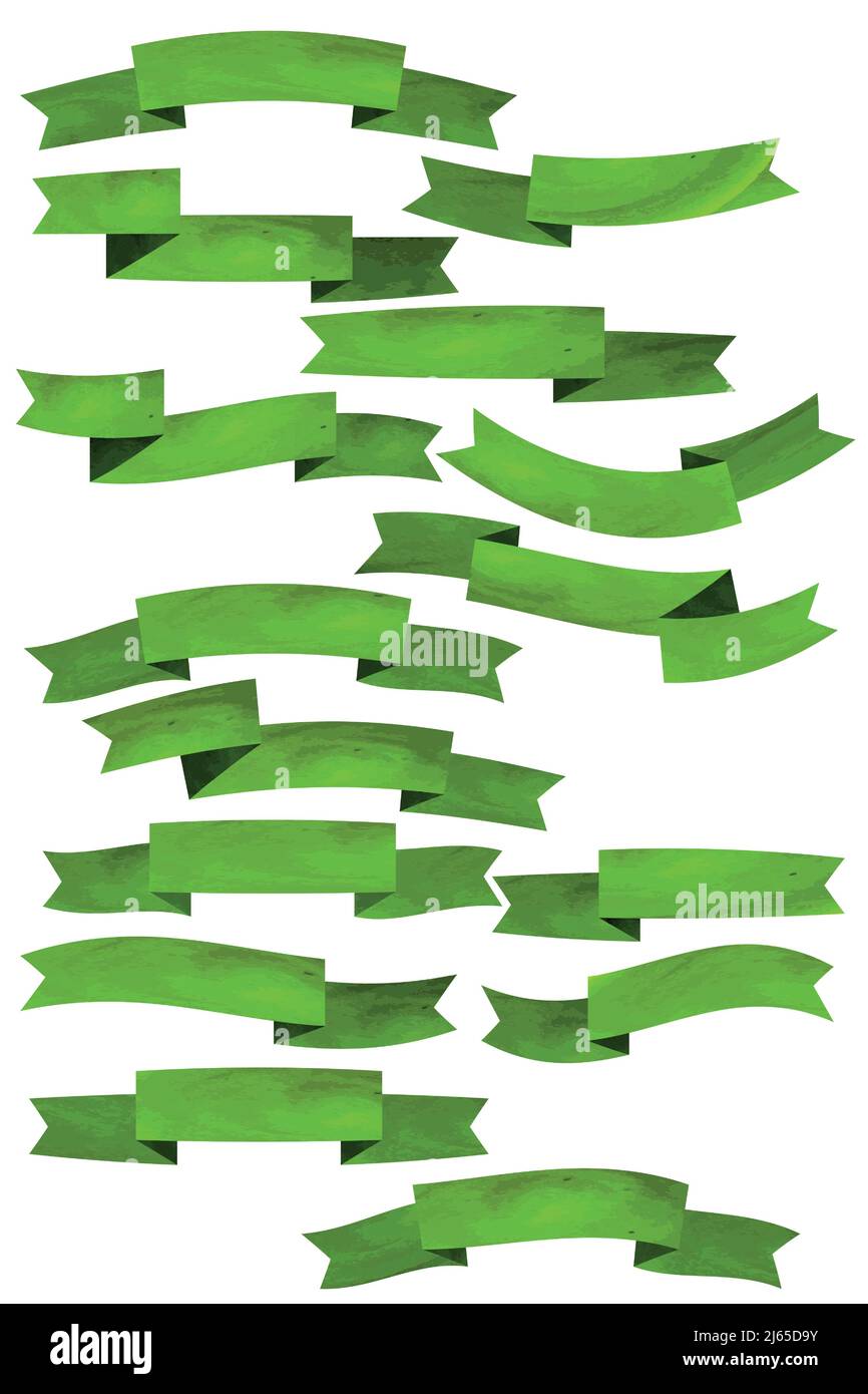 Set of green flat ribbons isolated on white background. Ribbon banner ...