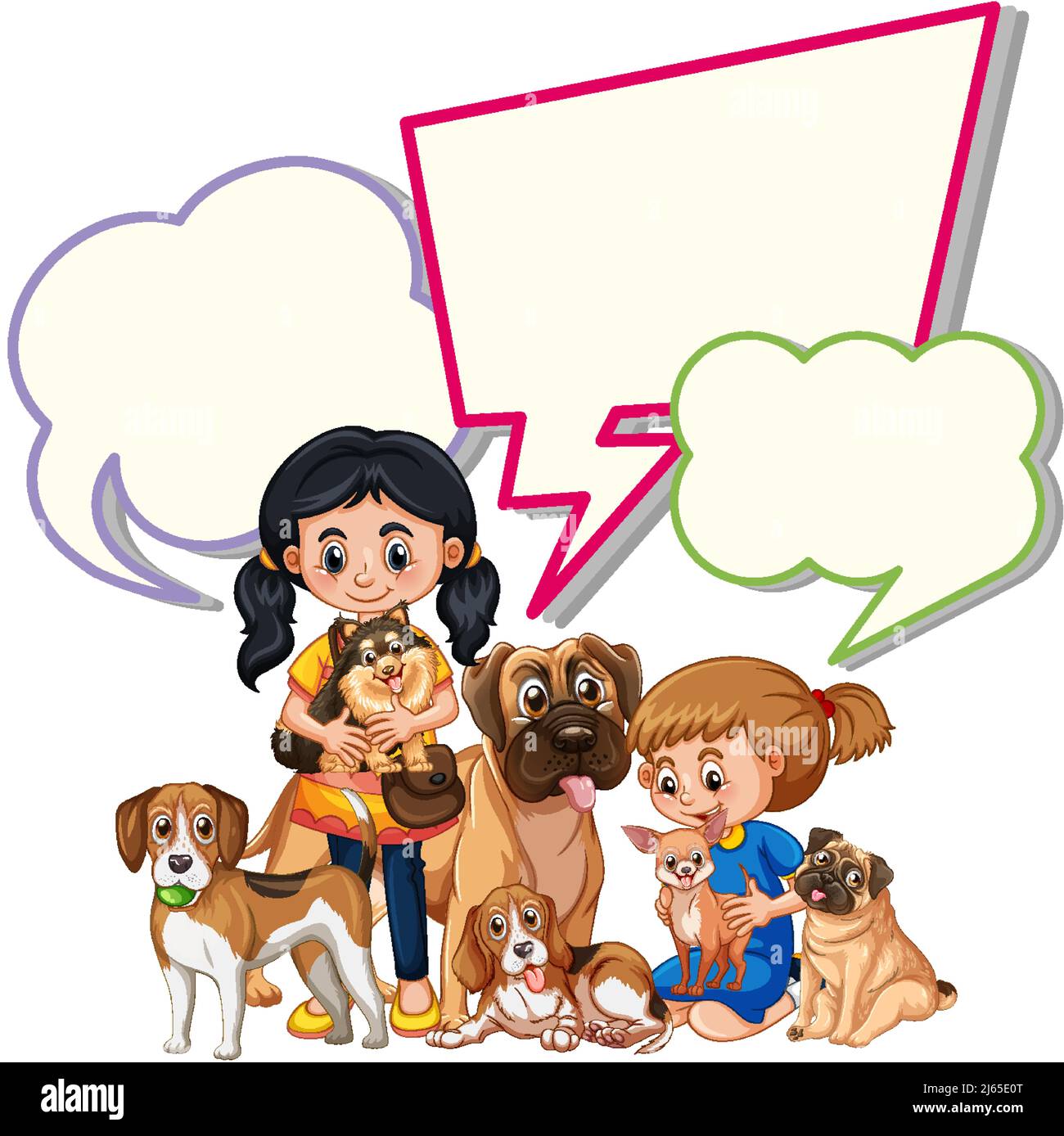 Speech bubble template with girls and pets illustration Stock Vector ...
