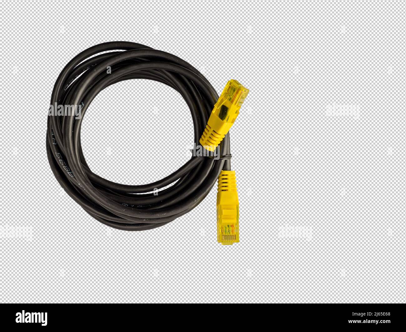 Black coiled up computer network cable with bright yellow connection socket plugs on a clear background Stock Photo
