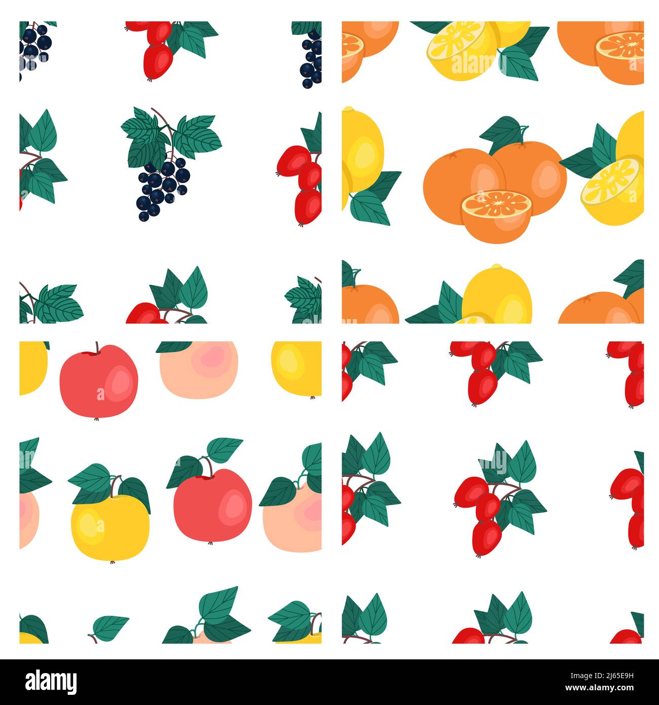 Set of fruit seamless patterns. Oranges, black currants, dog rose, lemons, apples, fruit prints. Vector illustration Stock Vector