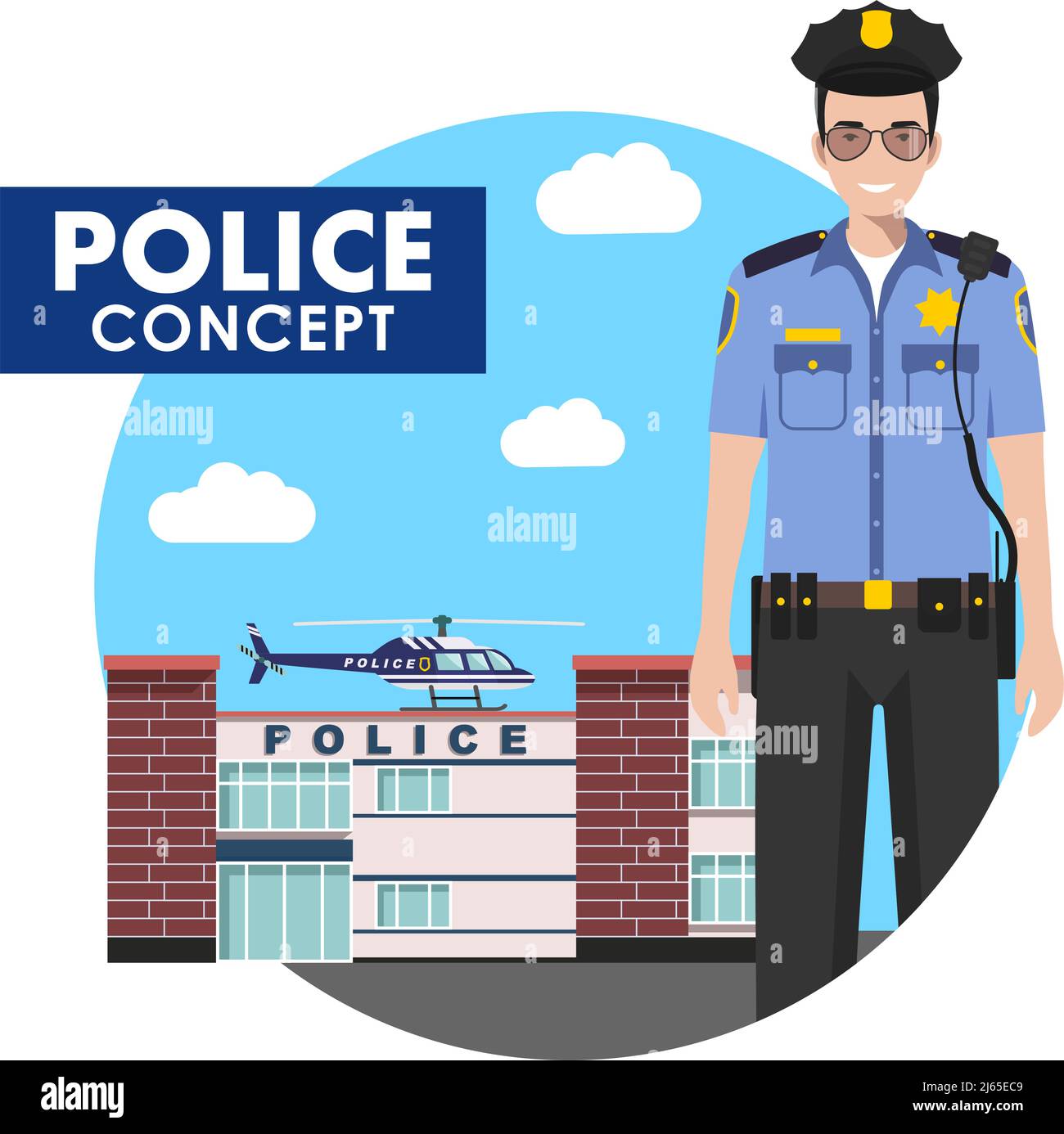 Detailed illustration of police officer in uniform on background with police department and helicopter in flat style. Vector illustration. Stock Vector