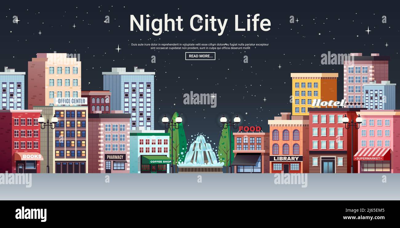 Night city life webpage poster with picturesque town center business office and shopping area houses vector illustration Stock Vector