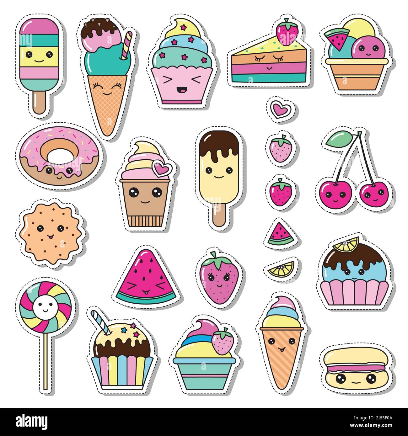 Set of kawaii cartoon style doodle sweety characters. Collection of