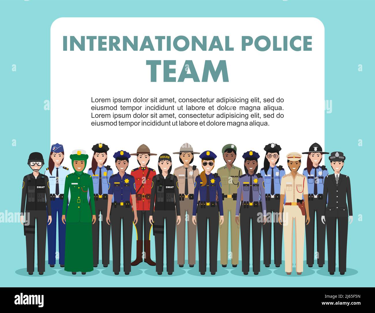 International police team. Detailed illustration of police different countries in flat style on white background. Stock Vector