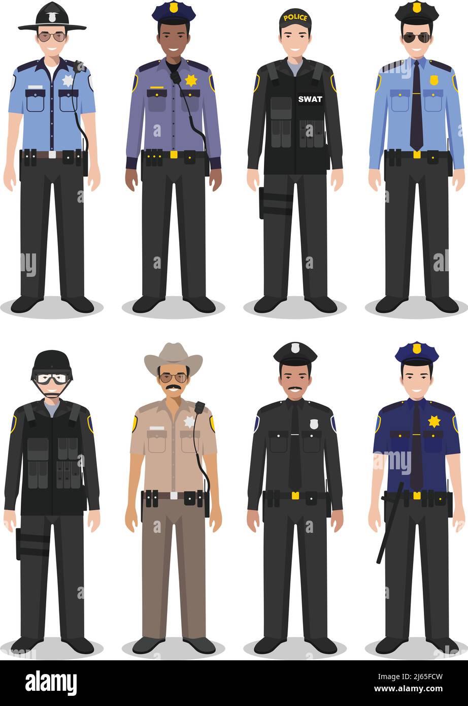 Detailed illustration of sheriff, SWAT officer and policeman in flat style on white background. Stock Vector