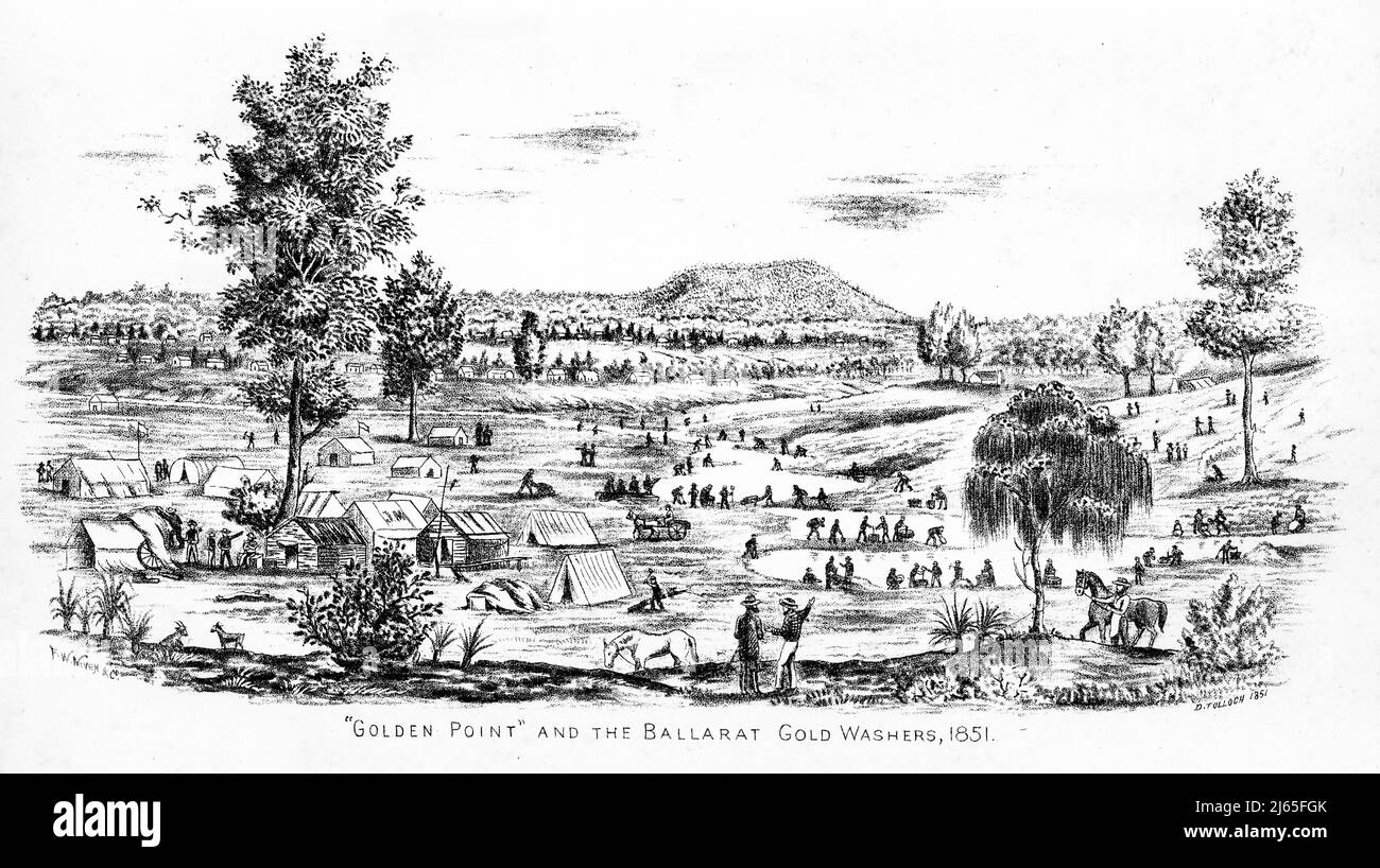 Engraving of Golden Point at the Ballarat gold field, VIctoria, Australia, 1854 Stock Photo