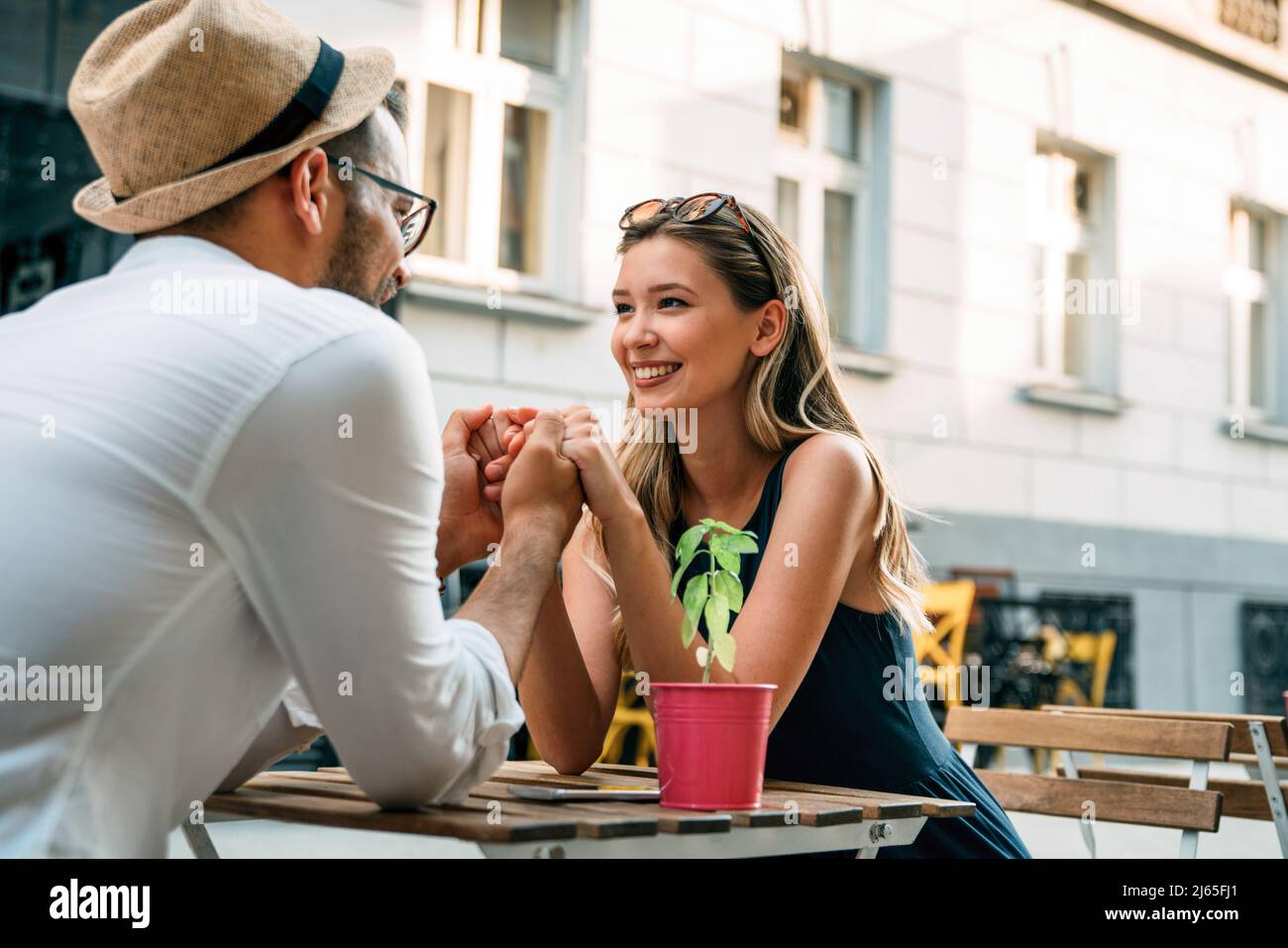 Portrait of happy couple having date and fun on vacation. People travel ...