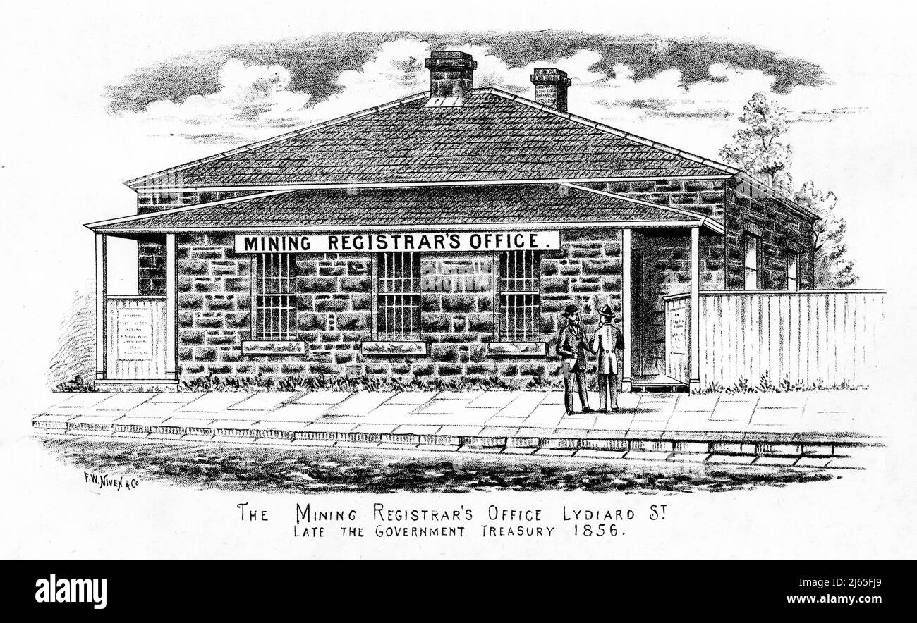 Engraving of the mining registrar's office in Ballarat, VIctoria, Australia, 1856 Stock Photo