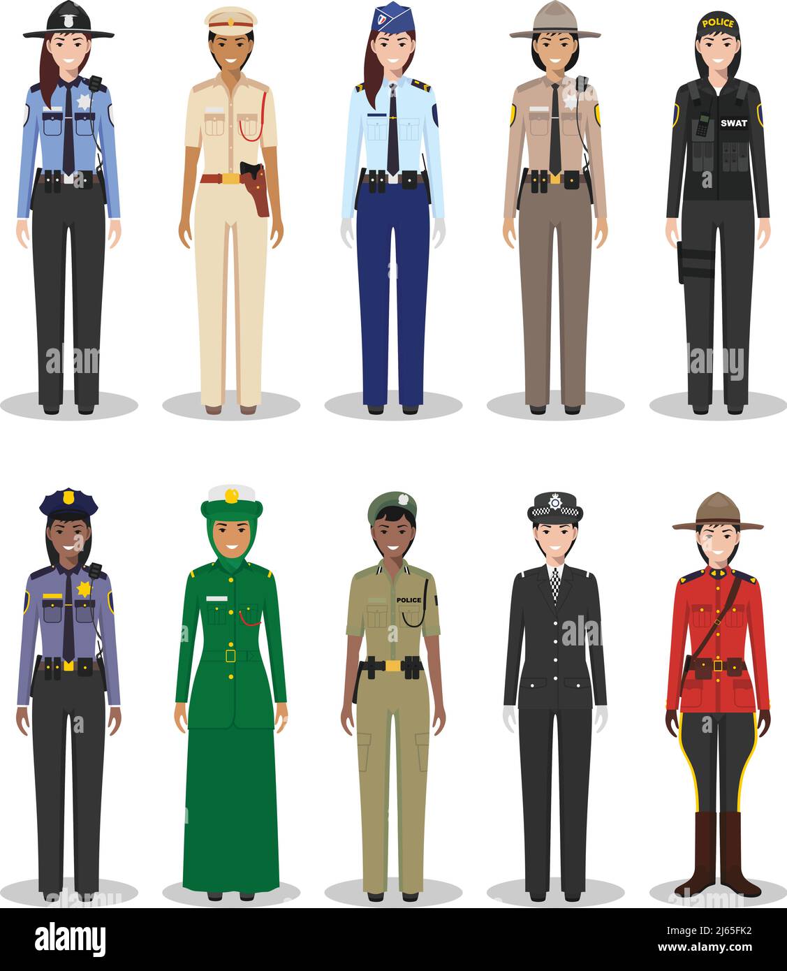 Detailed illustrations of police different countries in a flat style on a white background. Stock Vector