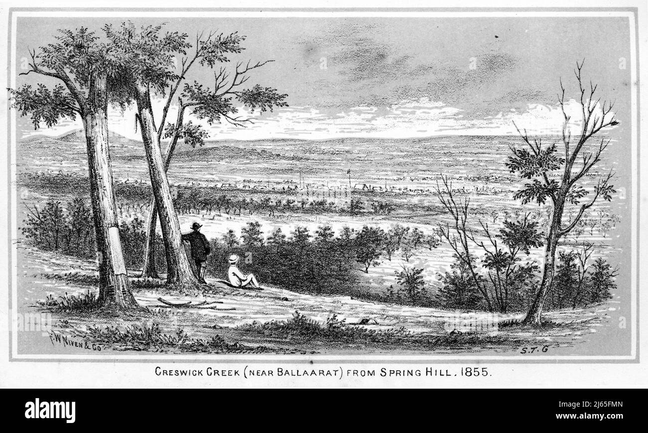 Engraving of Creswick Creek near Ballarat, VIctoria, Australia, 1854 Stock Photo