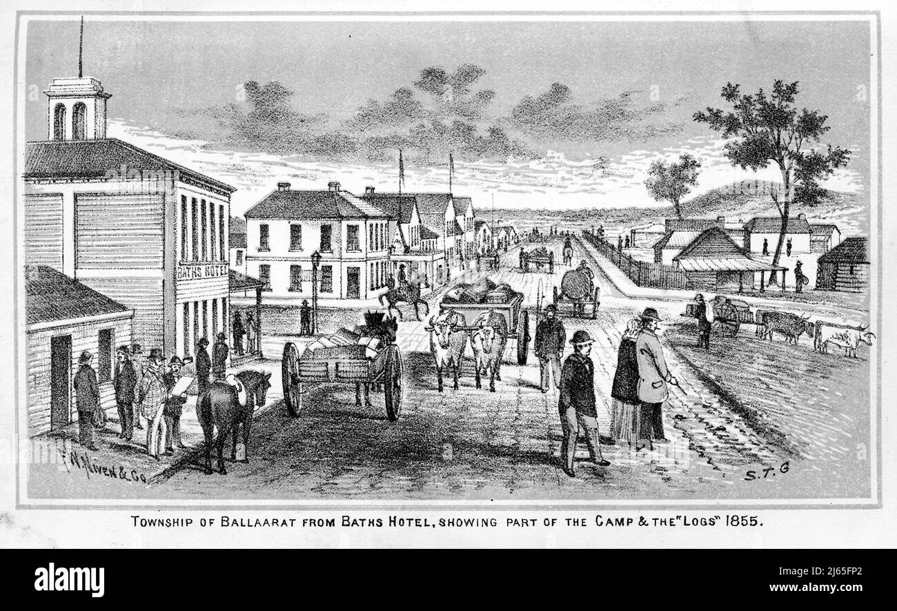 Illustration of Ballarat, VIctoria, Australia, 1855, showing part of the camp and the logs, where prisoners were bound for want of a prison lockup. Stock Photo