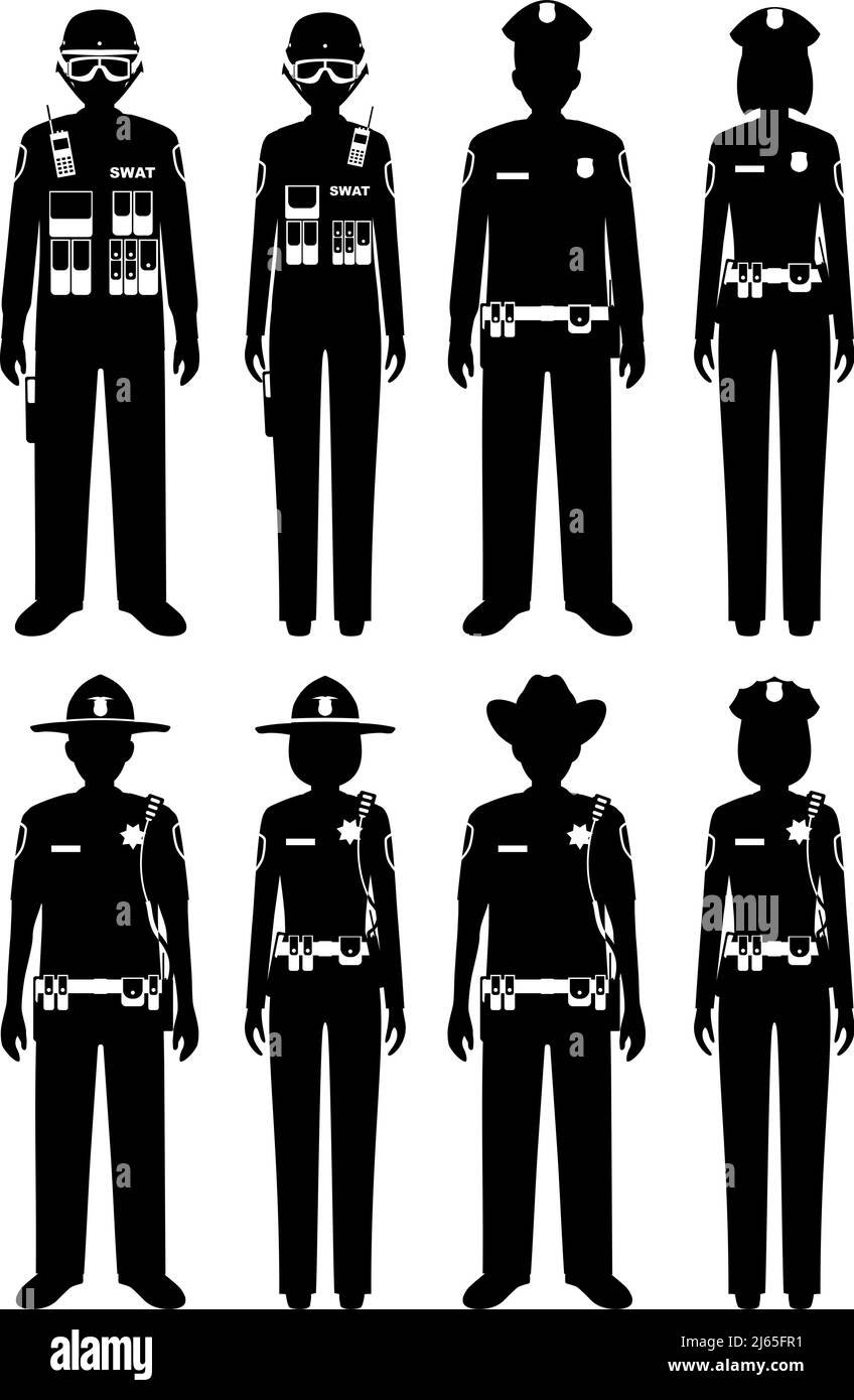 Police concept. Set of different silhouettes of sheriff, SWAT officer, policeman and policewoman in flat style on white background. Stock Vector