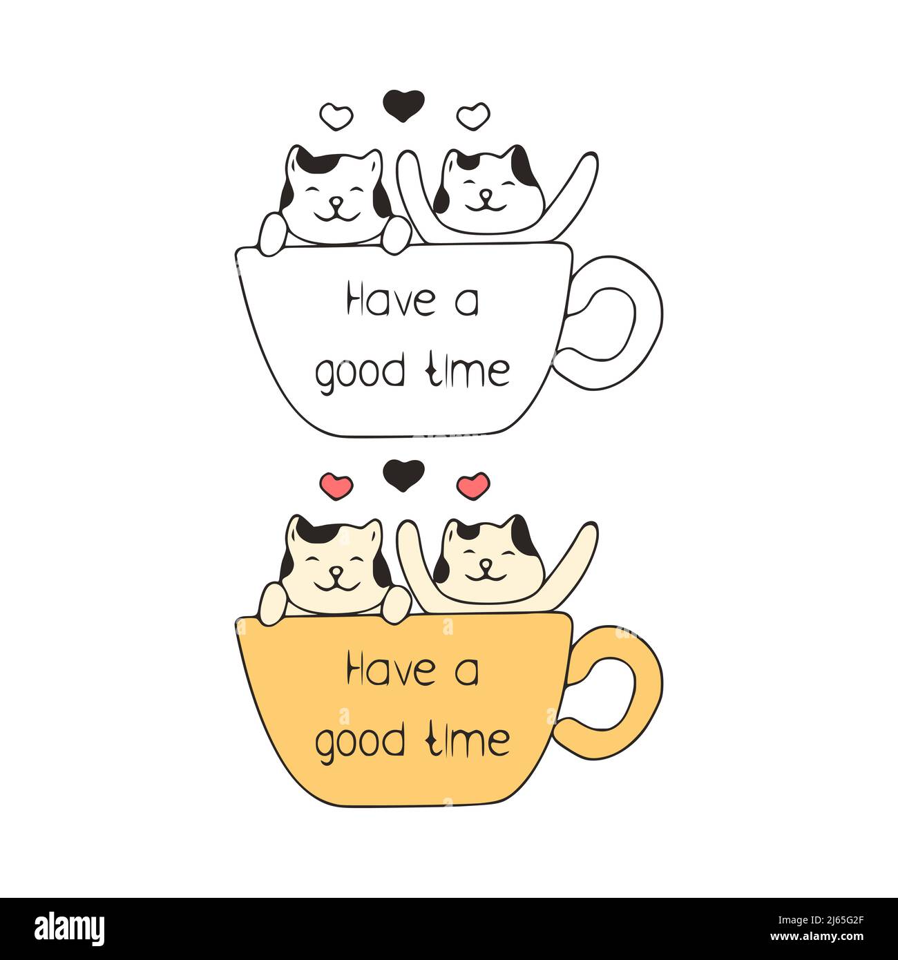 Funny cats in a cup doodle icon, Have a good time artwork. Cute pets vector art on white background. Stock Vector