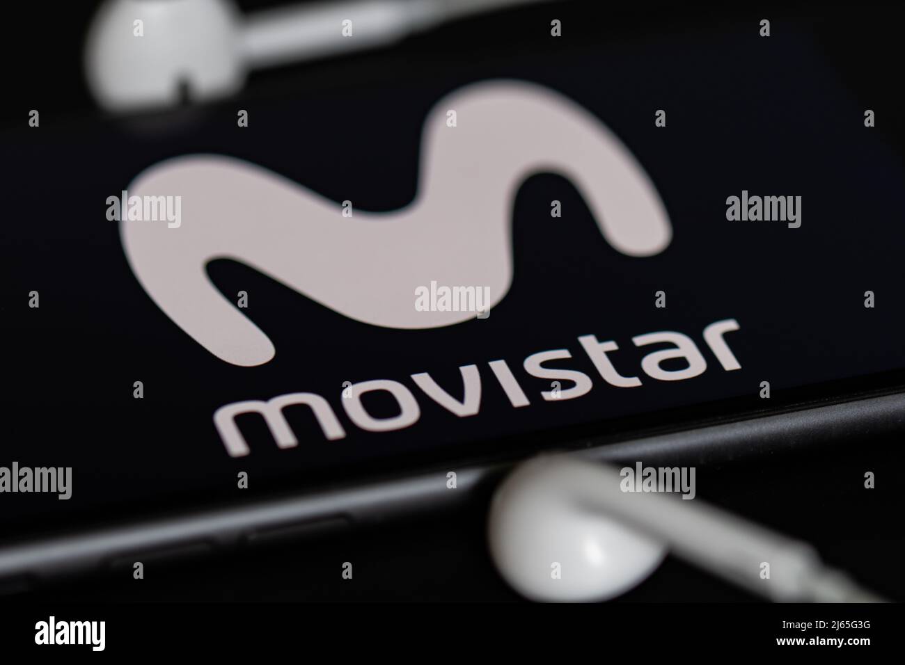 Rheinbach, Germany  28 April 2022,  The brand logo of the telecommunications provider 'Movistar' on the display of a smartphone Stock Photo
